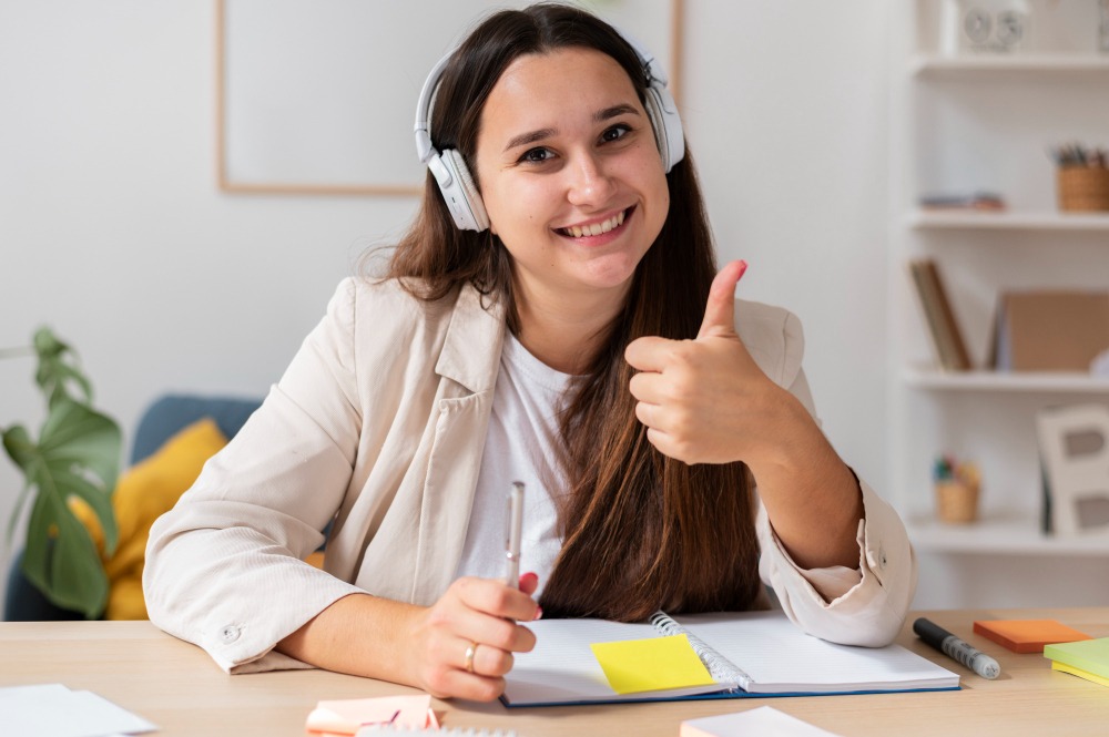 Une femme avec un casque sur ses oreilles pointe le pouce